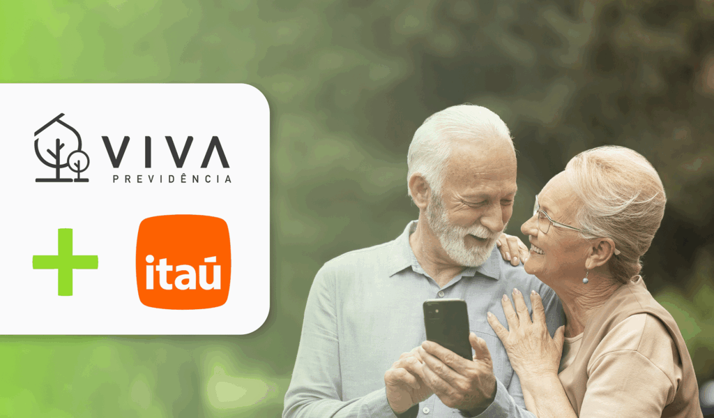 Idosos no celular e logos do itau e Viva previdencia